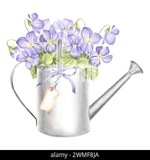 Viola con foglie in barattolo per innaffiare metallo con etichetta, illustrazione acquerello delle forniture per il giardino. Fiori selvatici isolati disegnati a mano, bouquet di pansy. Templat Foto Stock