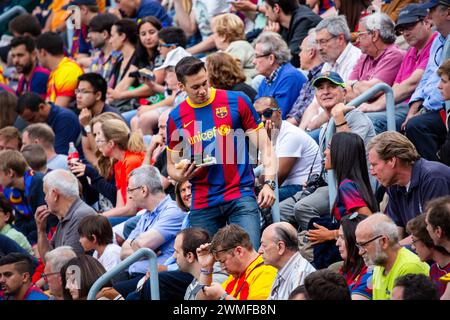 TIFOSI, BARCELONA FC, CELEBRAZIONE DEL TITOLO 2015: I tifosi del Barcellona al Camp Nou celebrano la vittoria del titolo la Liga con stile. L'ultima partita della Liga 2014-15 in Spagna tra il Barcellona FC e il Deportivo de la Coruna a Camp Nou, Barcellona, il 23 maggio 2015. Il gioco terminò 2-2. Il Barcellona ha celebrato la vittoria del titolo e dell'ultima partita in casa della leggenda Xavi. La Deportiva ha ottenuto il punto di cui avevano bisogno per evitare la retrocessione. Fotografia: Rob Watkins Foto Stock