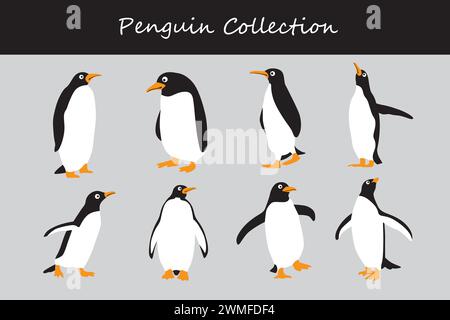 Set di vettori per pinguini. Carino pinguino dei cartoni animati. Bella collezione di pinguini. Illustrazione Vettoriale