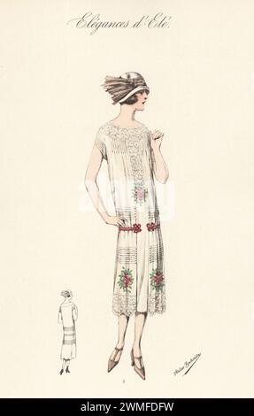 Flapper in cappello cloche, abito pomeridiano in crepe de Chine con borchie verticali e orizzontali, bouquet di ricami con perline. Litografia a colori di Atelier Bachwitz di Modell-Kleider fur den Hochsommer, Elegances d'Ete, Fashions for the Hot Season, Atelier Bachwitz AG, Vienna, 1925. Foto Stock