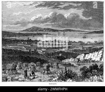 Incisione di Tolone, circa 1900. Tolone è una città portuale sulla costa mediterranea della Francia meridionale, costeggiata da spiagge sabbiose e insenature di ciottoli. Ora è una base navale significativa e il porto ospita sottomarini e navi da guerra, nonché pescherecci e traghetti. Foto Stock