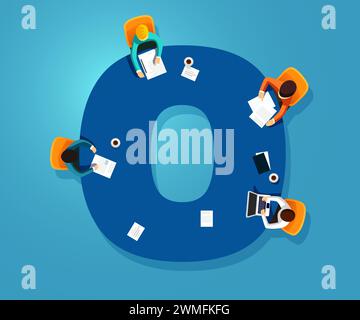 Numero zero. La squadra lavora insieme a un tavolo nella forma del numero 0. Carattere creativo. Illustrazione vettoriale piatta. Illustrazione Vettoriale