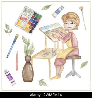 Clipart dell'artista dell'acquerello, illustrazione disegnata a mano. Illustrator Working, clip art per tessere scolastiche per bambini, educativo, grafica per bambini carina con professio Foto Stock