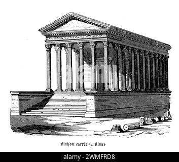 La Maison Carrée di Nîmes è una delle facciate dei templi romani meglio conservate che si trovano ovunque nel territorio dell'ex Impero Romano. Eretta nel i secolo d.C., questa meraviglia architettonica si erge a testimonianza della grandezza e della precisione dell'ingegneria e del design romani. Con le sue imponenti colonne corinzie e il frontone maestoso, la Maison Carrée fu dedicata a Gaio e Lucio Cesare, eredi dell'imperatore Augusto, simboleggiando la forza e la continuità dello stato romano. Nel corso dei secoli ha ricoperto vari ruoli, da casa consolare a stalla durante il Medioevo Foto Stock