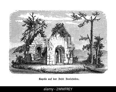 Le rovine della cappella sull'isola di Innisfallen, annidate nelle tranquille acque di Lough Leane nel Parco Nazionale di Killarney, in Irlanda, sono un toccante ricordo della ricca storia monastica del paese. Questo luogo appartato una volta ospitava l'Abbazia di Innisfallen, fondata nel VII secolo da St Finian il lebbroso, che ha svolto un ruolo significativo nella borsa di studio irlandese e nella scrittura degli "Annali di Innisfallen", una cronaca della storia irlandese antica. Le rovine, con le loro pareti sbriciolate e l'edera sovrastata, evocano un senso di intramontabilità e di conforto spirituale, in piedi come testimoni silenziosi di secoli di preghiera e Foto Stock