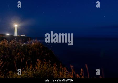 Osserva l'ipnotizzante veduta del faro che si erge alto contro la tela nera dell'oceano, illuminando il cielo notturno Foto Stock