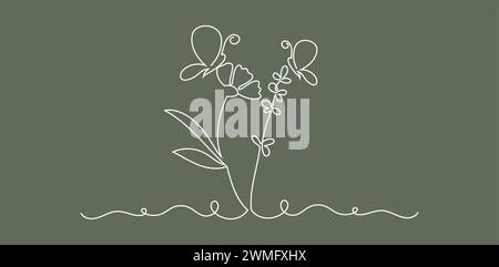 Bordo disegnato a mano con fiori e farfalle. Illustrazione Vettoriale