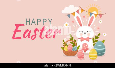 Vacanze di Pasqua, lepre con un cestino di uova di Pasqua, coniglietto di Pasqua e uova. Vettore Illustrazione Vettoriale