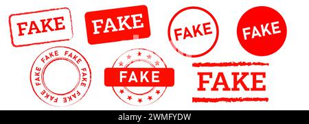 un falso rettangolo e un cerchio con un timbro di gomma rosso indicano informazioni false sulla truffa Illustrazione Vettoriale