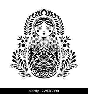 Bambola tradizionale russa che nidifica. Matryoshka dipinto con motivi floreali. Bambola adatta per un libro da colorare, disegnata in stile lineare. Illustrazione Vettoriale