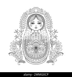 Bambola tradizionale russa che nidifica. Matryoshka dipinto con motivi floreali. Bambola adatta per un libro da colorare, disegnata in stile lineare. Illustrazione Vettoriale