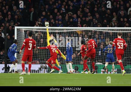 Londra, Regno Unito. 25 febbraio 2024. Djordje Petrovic (C) salta la finale di Chelsea contro Liverpool Carabao Cup allo stadio di Wembley, Londra, Regno Unito, il 25 febbraio 2024. Crediti: Paul Marriott/Alamy Live News Foto Stock