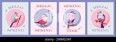 Ciao primavera. Biglietto d'auguri con l'inizio della primavera su sfondo viola. Uccellino carino Illustrazione Vettoriale