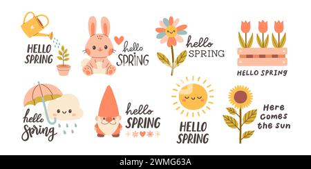 Salve, le citazioni primaverili. Design con stampe floreali disegnate a mano in primavera. Frasi positive per adesivi, cartoline o poster Illustrazione Vettoriale