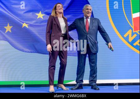 Italia, Roma, 24 febbraio 2024: Congresso Nazionale di forza Italia, nella foto Roberta Metsola, Presidente del Parlamento europeo, e Antonio Ta Foto Stock