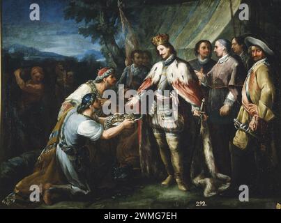 San Fernando recibe el tributo de Mahomad de Baeza (1760), - San Fernando riceve il tributo di Muhammad de Baeza - Gines Andres de Aguirre (1727-1800) Foto Stock