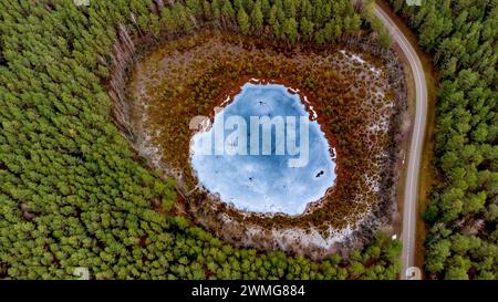 Vista aerea del lago nelle foreste lituane, natura invernale selvaggia. Nome del lago "Samaninis", distretto di Varena, Europa Foto Stock