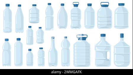 Bottiglie di plastica vuote. Contenitori trasparenti per acqua potabile pulita. Modelli per la pubblicità. Confezionamento bevande. Forme della confezione. Conservazione acqua Illustrazione Vettoriale