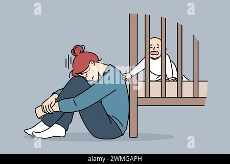 La madre esausta con stress postpartum si siede sul pavimento vicino alla culla con il neonato in lacrime e ha bisogno dell'aiuto di una tata professionista. Stress postpartum in una ragazza che non presta attenzione al figlio Illustrazione Vettoriale