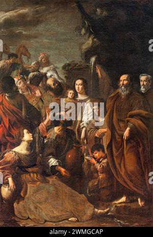 FERRARA, ITALIA - 9 NOVEMBRE 2021: Il dipinto Mosè colpisce l'acqua della pietra nella chiesa Chiesa di San Francesco di Johannes van Beyghem (1630 Foto Stock