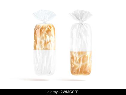 Pane bianco in confezione di cellophane bianca trasparente, senza gravità, rendering 3d. Confezione vuota in bustina per mock up di panini o toast, isolata. Poli trasparente Foto Stock