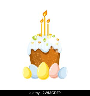 Illustrazione vettoriale del tema pasquale, torta pasquale colorata con glassa, frutta candita e candela chiara, uova di Pasqua di diverso colore pastello isolate Illustrazione Vettoriale