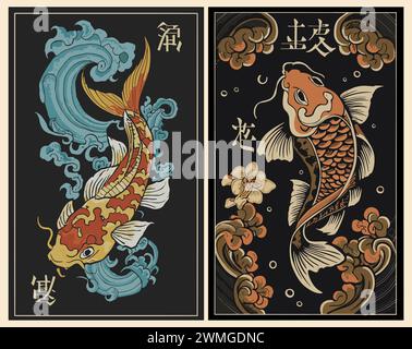 Set di poster giapponesi retro con pesci koi dorati. Illustrazione Vettoriale