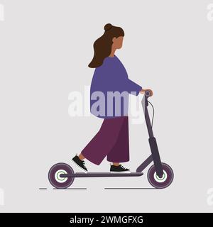 Donna scura, ragazza adulta in sella a uno scooter elettrico. Di lato. Illustrazione vettoriale piatta colorata. Isolato su sfondo bianco. Foto Stock