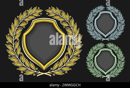 Set di ghirlande in alloro vettoriale, raccolta di 3 illustrazioni isolate emblemi decorativi con corona tonda in alloro con spazio di copia vuoto, gruppo di varietà Illustrazione Vettoriale