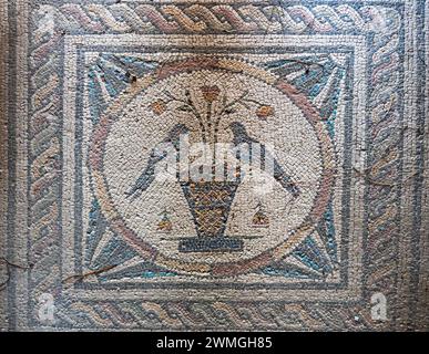 Primo piano sull'antico mosaico romano che mostra uccelli appollaiati su un vaso di fiori Foto Stock