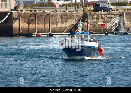 Vigo, Pontevedra, Spagna; 29 giugno 2021; la piccola barca da pesca blu arriva in porto con le boe poste sul lato e il suo nome è Balea uno e sh Foto Stock