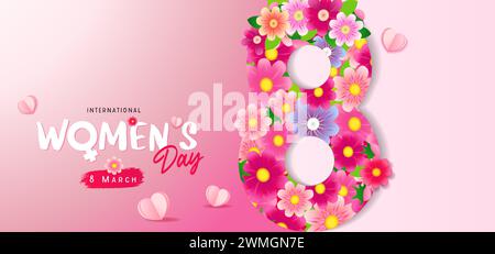 Biglietto d'auguri per la giornata internazionale della donna, 8 marzo con splendidi fiori rosa. Modello per banner per lo shopping "Happy Womens Day" con dolci cuori di carta Illustrazione Vettoriale