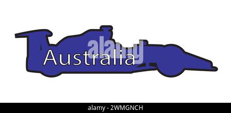 Una silhouette di un'auto da corsa di tendenza su sfondo bianco con il testo Australia e nei colori della bandiera nazionale Illustrazione Vettoriale