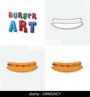 Bozzetto d'arte hamburger, pagina da colorare, hamburger piatto e realistico, illustrazioni per i bambini Illustrazione Vettoriale