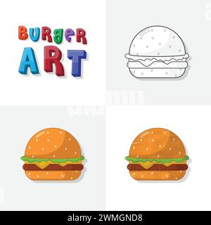 Bozzetto d'arte hamburger, pagina da colorare, hamburger piatto e realistico, illustrazioni per i bambini Illustrazione Vettoriale