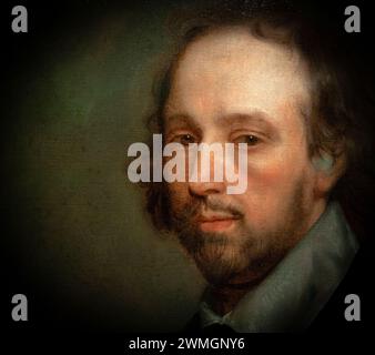 Dettaglio primo piano olio su tela William Shakespeare, del pittore Gerard Soest, circa 1667, Stratford-upon-Avon, Regno Unito Foto Stock