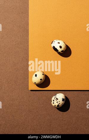 Uova di quaglia su sfondo marrone, sotto la luce diretta del sole. Vista dall'alto, direttamente sopra l'immagine Foto Stock