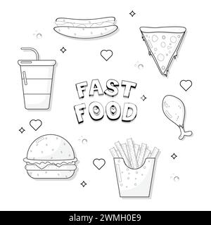 Set di fast food, fast food senza colore, adesivi, pagina da colorare per libro da colorare Illustrazione Vettoriale