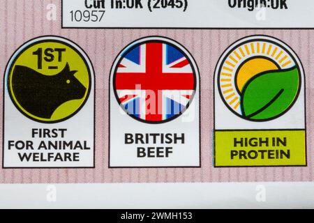 Primo fra tutti Animal Welfare, British Beef, High in Protein symbols su confezione di British Beef Fillet Steak di razze autoctone di Waitrose Foto Stock