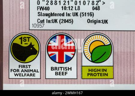 Primo fra tutti Animal Welfare, British Beef, High in Protein symbols su confezione di British Beef Fillet Steak di razze autoctone di Waitrose Foto Stock