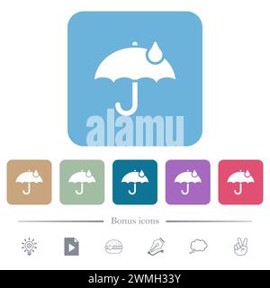 Ombrello con icone piatte bianche piatte a goccia d'pioggia su sfondi quadrati arrotondati di colore. 6 icone bonus incluse Illustrazione Vettoriale