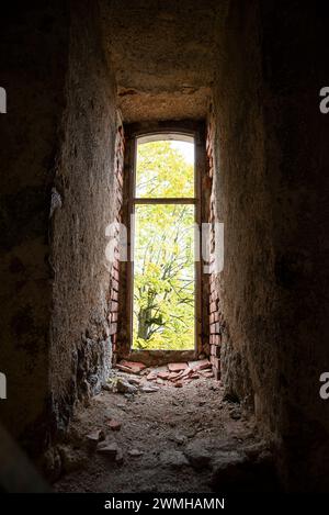 Vecchia finestra in un edificio abbandonato in rovina che si affaccia sul parco. Foto Stock