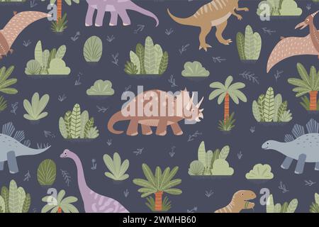 Dinosaurs Seamless Vector Pattern, Line art Dinosaurs Kids Seamless Repeat Design, album in tessuto. Illustrazione vettoriale Illustrazione Vettoriale