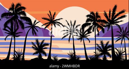 Spiaggia tropicale al tramonto con profili di palme. Illustrazione Vettoriale