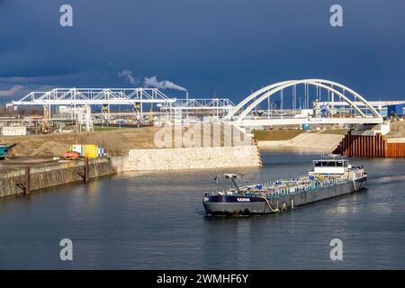 Il Duisburg Gateway Terminal, nuovo punto di trasbordo trimodale per container a Duisport, porto interno di Duisburg-Ruhrort, ancora in costruzione, S Foto Stock