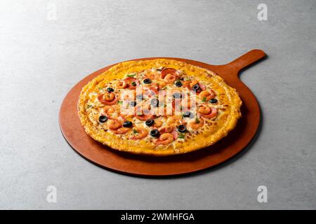 Pizza, bulgogi, pizza, pasticceria, pancetta, crosta di formaggio, formaggio, patate dolci, formaggio cheddar Foto Stock