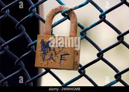 vecchi lucchetti colorati arrugginiti bloccati su una parete a rete Foto Stock