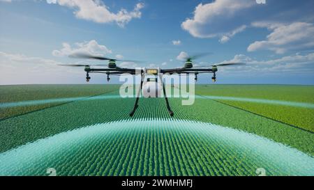 I droni agricoli analizzano l'area per determinare il percorso per irrorare fertilizzante su un terreno agricolo, Smart Farming Concept, rendering 3d. Foto Stock