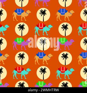 motivo vettoriale senza cuciture con cammelli, sole e palme. illustrazione di sfondo di cammello africano del deserto, animale da imballaggio per carta o tessuto. cucitura in tessuto Illustrazione Vettoriale