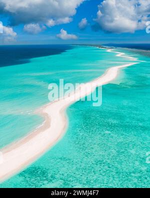 Splendida vista aerea delle Maldive e della spiaggia tropicale. Viaggi e vacanze. Vista panoramica di esotiche banchine di sabbia con laguna oceanica e barriera corallina. Viaggi di lusso Foto Stock